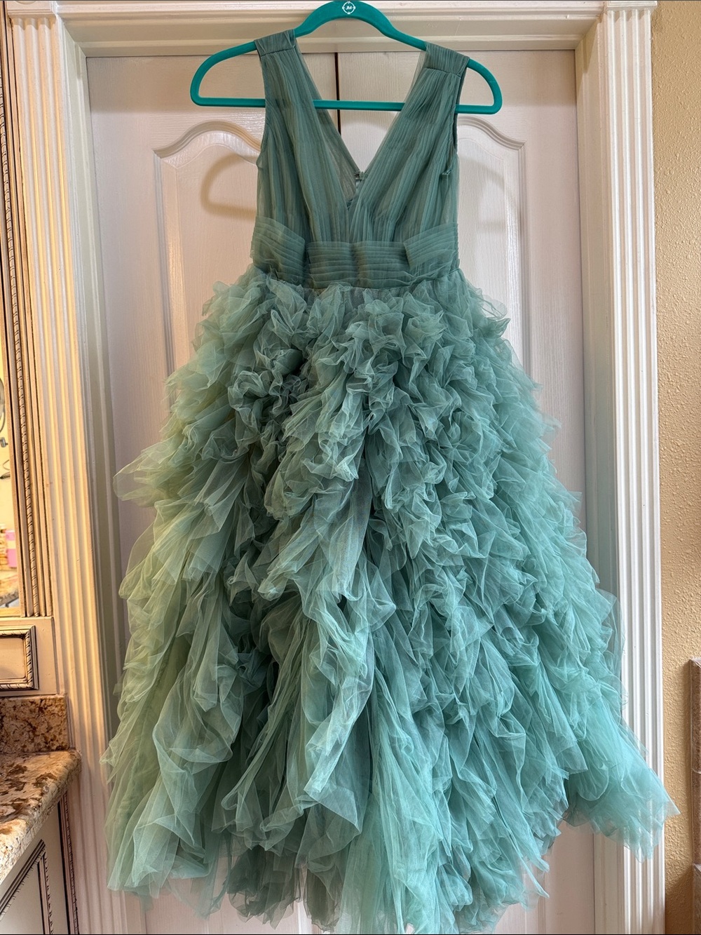 Mac Duggal Sage Green Ruffled Tulle Maxi Gown